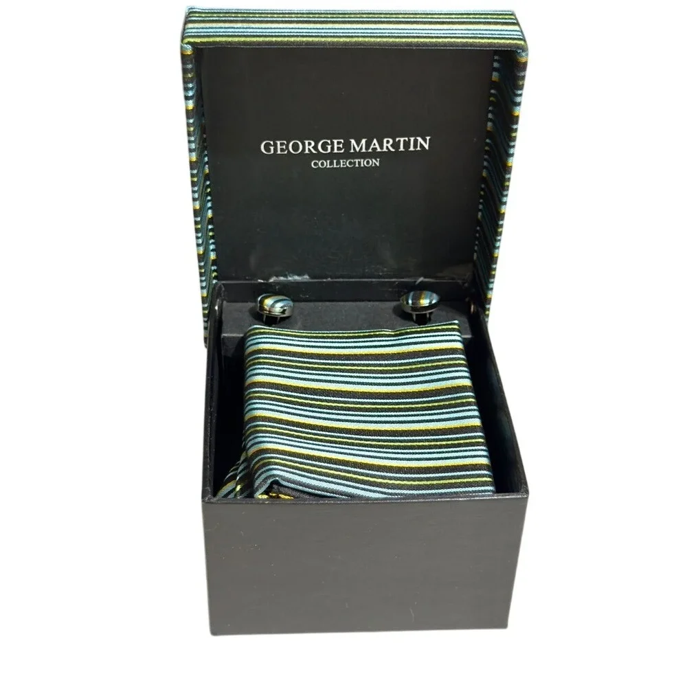 George Martin Blue & Black Striped‎ Tie & Cuff Link Set